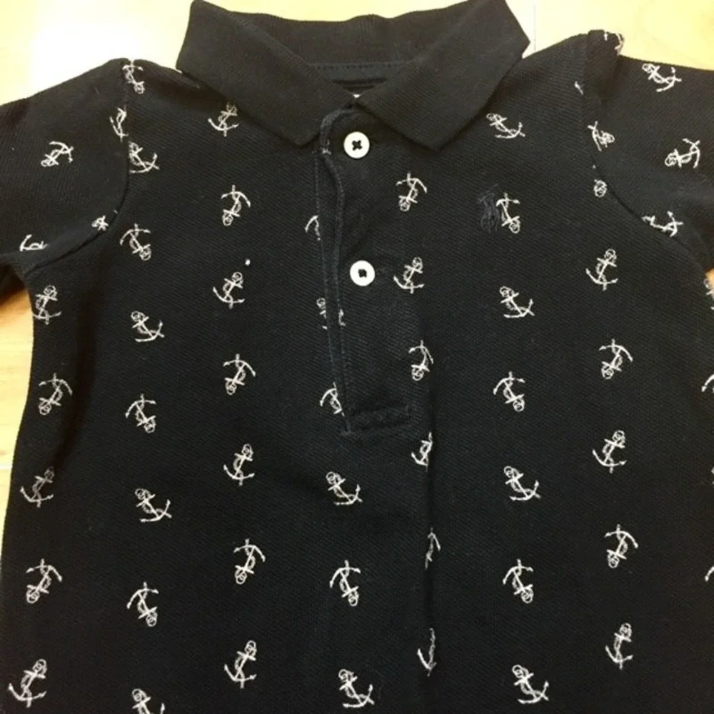 Ralph‎ Lauren Boys Romper Size 6 Months Black Pique Long Sleeve Polo Anchors Tan